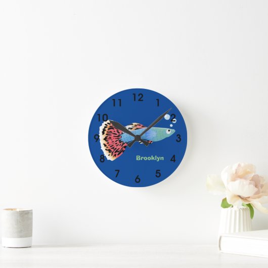 かわいファンシーくてグッピーな熱帯魚漫画 ラウンド壁時計 (ホーム)