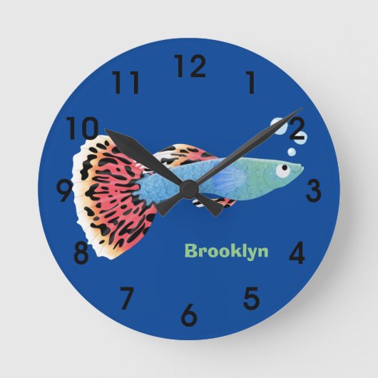 かわいファンシーくてグッピーな熱帯魚漫画 ラウンド壁時計 (正面)