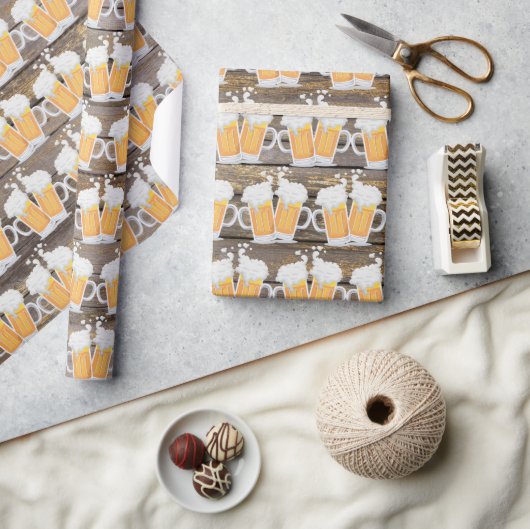 かわいフェイクい木材ビールマグ模様タイルパーティー ラッピングペーパー (クラフト)