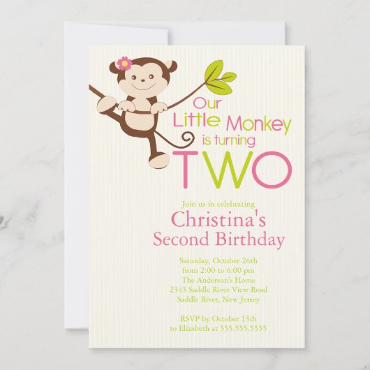 かわいモダンいサル2回目の誕生日パーティの招待状 招待状 (正面)