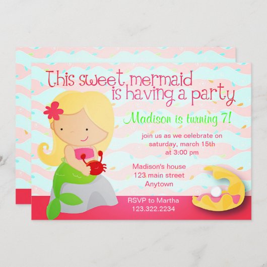 かわいモダンい人魚ピンクの誕生日パーティーの招待 招待状 (正面/裏面)