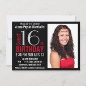 かわいモダンい赤と黒の写真甘い16パーティー 招待状 (正面)