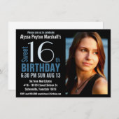 かわいモダンい青と黒の写真甘い16パーティー 招待状 (正面/裏面)