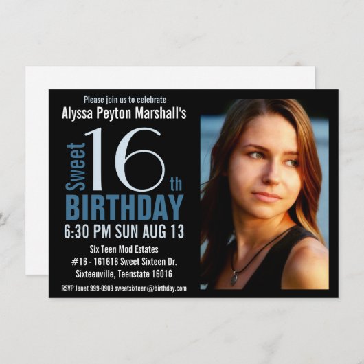 かわいモダンい青と黒の写真甘い16パーティー 招待状 (正面/裏面)