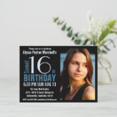 かわいモダンい青と黒の写真甘い16パーティー 招待状 (スタンド正面)