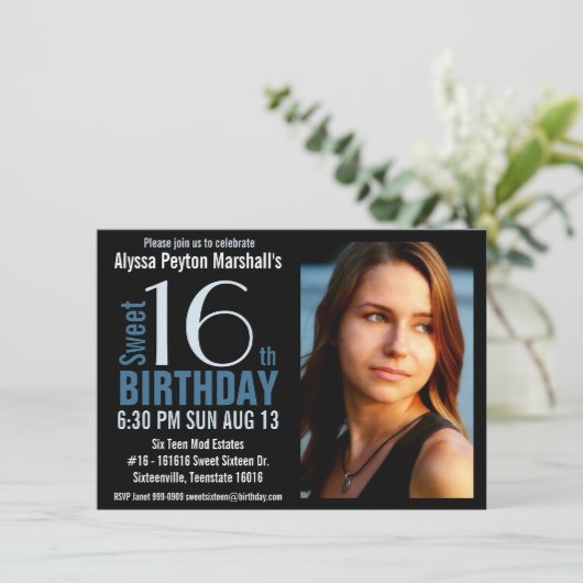 かわいモダンい青と黒の写真甘い16パーティー 招待状 (スタンド正面)