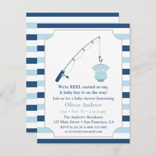 かわいモダンい魚釣りをテーマにした赤ちゃんシャワーカスタム 招待状 (正面/裏面)