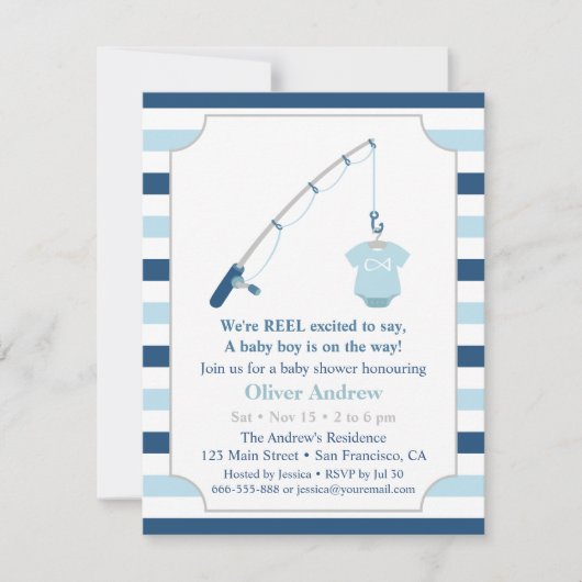 かわいモダンい魚釣りをテーマにした赤ちゃんシャワー 招待状 (正面)