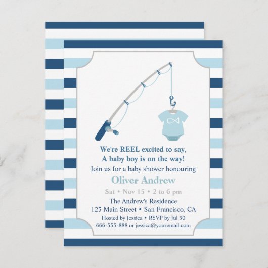 かわいモダンい魚釣りをテーマにした赤ちゃんシャワー 招待状 (正面/裏面)