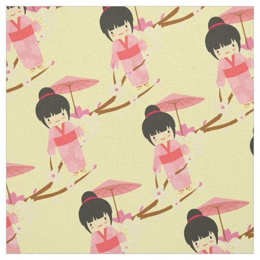 かわい日本のいピンクさくらんぼ花芸者 ファブリック (見本)