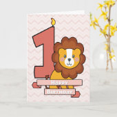 かわい祝いライオンを持つ最初の誕生日 カード (黄色い花)