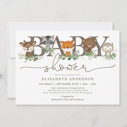 かわい素朴い森林動物の植物のベビーシャワー 招待状 (正面)
