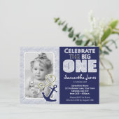 かわい航海のいテーマ第一誕生日パーティーブルー 招待状 (スタンド正面)