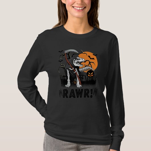 がおー恐竜の頭蓋骨ハロウィーン レックス 月 かぼちゃ 吸血鬼 Tシャツ (正面)