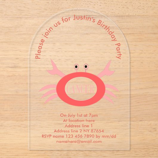 がんスターサインカニカスタム誕生日パーティー アクリル招待状 (正面)