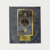 がん暗黒〔占星術の〕十二宮図星占い：黒い金ゴールド名 タペストリー (正面)