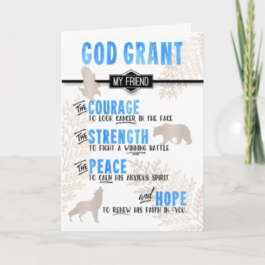 がん青色祈りの言葉と闘う男性の友人 カード (正面)