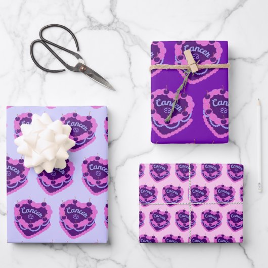 がん〔占星術の〕十二宮図コケットハートお誕生日ケーキ ラッピングペーパーシート (正面)