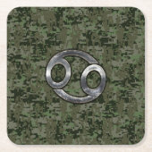 がん〔占星術の〕十二宮図サインオンオリーブグリーンデジタル迷彩柄 スクエアペーパーコースター (正面)