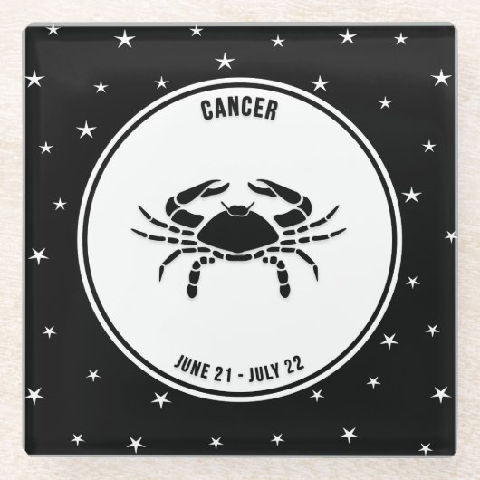 がん〔占星術の〕十二宮図徴候、白黒ガラスコースター ガラスコースター (正面)