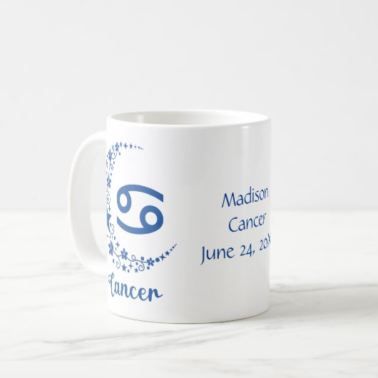 がん〔占星術の〕十二宮図標識星占い誕生日ブルーホワイト コーヒーマグカップ (正面左)