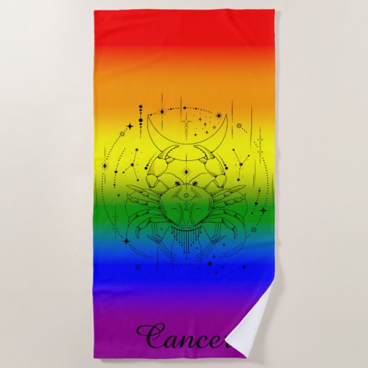 がん〔占星術の〕十二宮図LGBTQプライドレインボーアストロロジーデザイン ビーチタオル (正面)