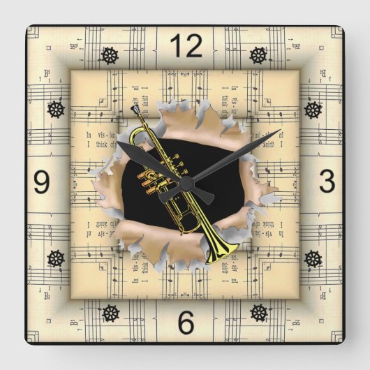 ~が奇妙な楽譜を破るとラッパを吹く スクエア壁時計 (正面)