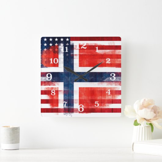 きたないペンキはノルウェーの米国旗をなでます スクエア壁時計 (ホーム)