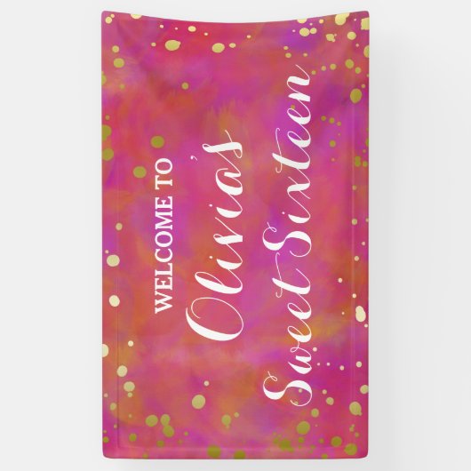 きたない水彩画及び金ゴールドの紙吹雪のSweet sixteen 横断幕 (縦)