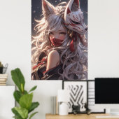 きつねキツネマスクサムライガール日本の ポスター (ホームオフィス)