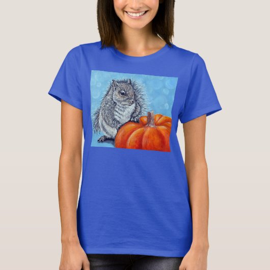 きつね色のカボチャを描くリス Tシャツ (正面)