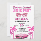 きてねベストフレンド！ ホットピンクの女の子の誕生日パーティー 招待状 (正面)