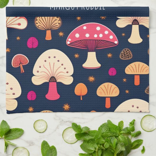 きのこおもしろいピンクブルー水彩模様 キッチンタオル (折り畳み)