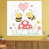 きのこに座るハート風船を持つかわいい漫画の蜂 キャンバスプリント (インサイチュ (リビング))