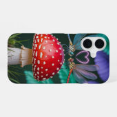 きのこに止まる可愛いトンボ - iPhone 16ケース (裏面横)