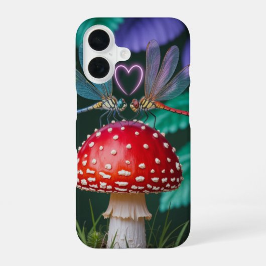 きのこに止まる可愛いトンボ - iPhone 16ケース (裏面)