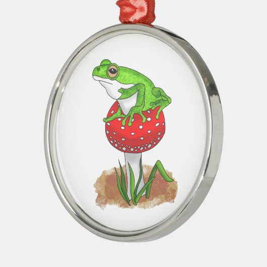 きのこのクリスマスにかわいいカエル メタルオーナメント (左)