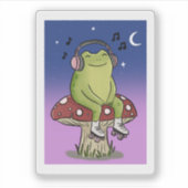 きのこの上で音楽を聴くかわいいカエルイラスト シール (正面)