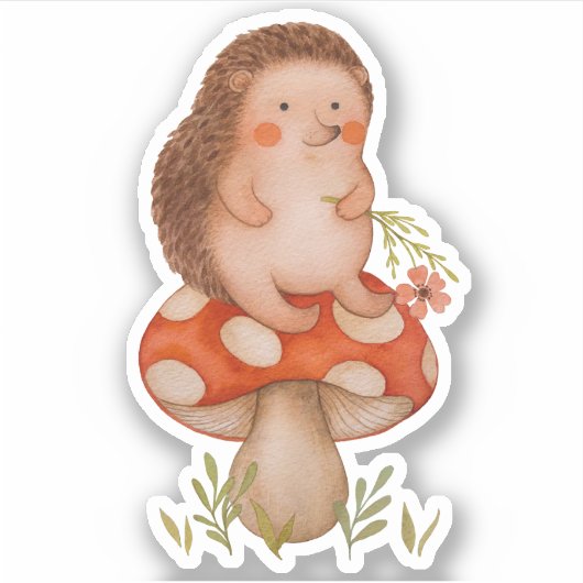 きのこの上にかわいい水色のハリネズミ シール (正面)