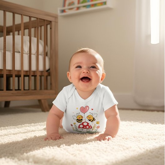 きのこの上にハートバルーンを載せたかわいいマンガのハチ ベビーボディスーツ