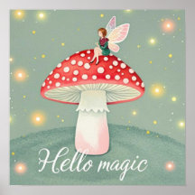 きのこの上に小さな妖精が座って輝いている