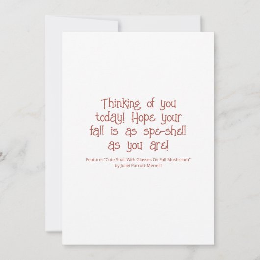 きのこの上に眼鏡をかけたかわいいカタツムリ秋 カード (裏面)