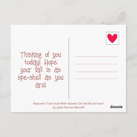 きのこの上に眼鏡をかけたかわいいカタツムリ秋 ポストカード (裏面)