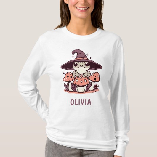 きのこの上のキュートな魔法使いカエル Tシャツ (正面)