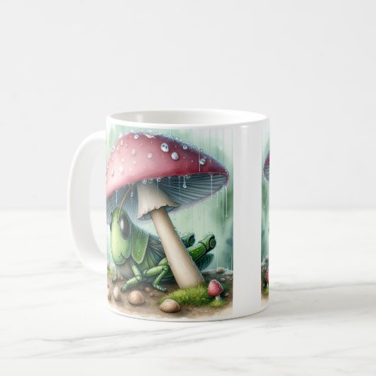 きのこの傘の下で愛らしいバッタ コーヒーマグカップ (正面左)