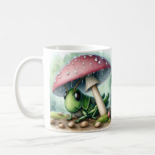 きのこの傘の下で愛らしいバッタ コーヒーマグカップ (左)