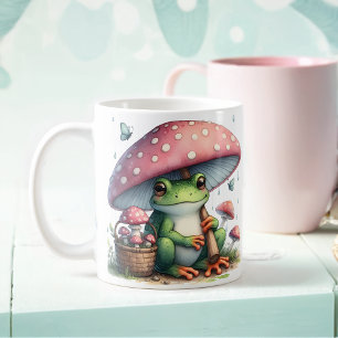 きのこの傘の下の愛らしいカエル コーヒーマグカップ