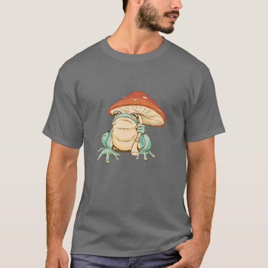 きのこの傘を持ったかわいいカエル Tシャツ (正面)