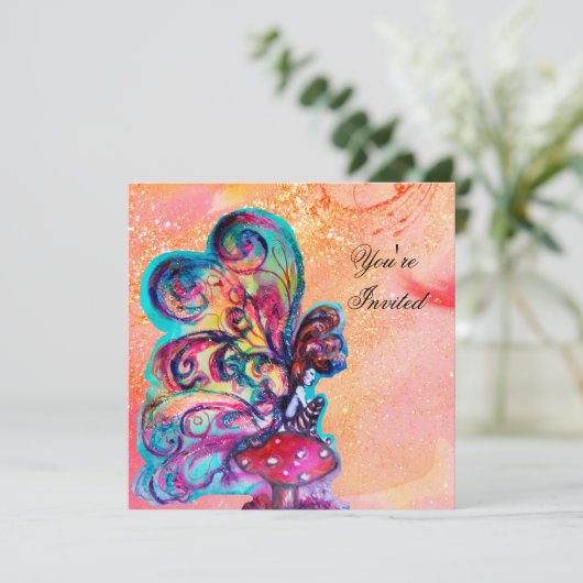 きのこの小さなエルフ、ピンクと黄色の輝きのある金 招待状 (スタンド正面)