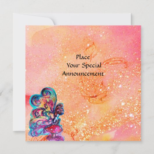 きのこの小さなエルフ、ピンクと黄色の輝きのある金 招待状 (裏面)